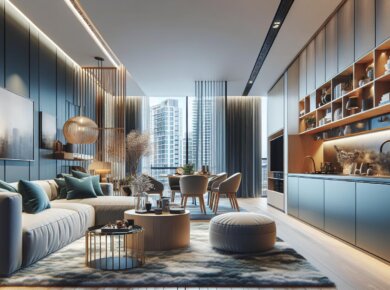 Aranżacja salonu z kuchnią w bloku